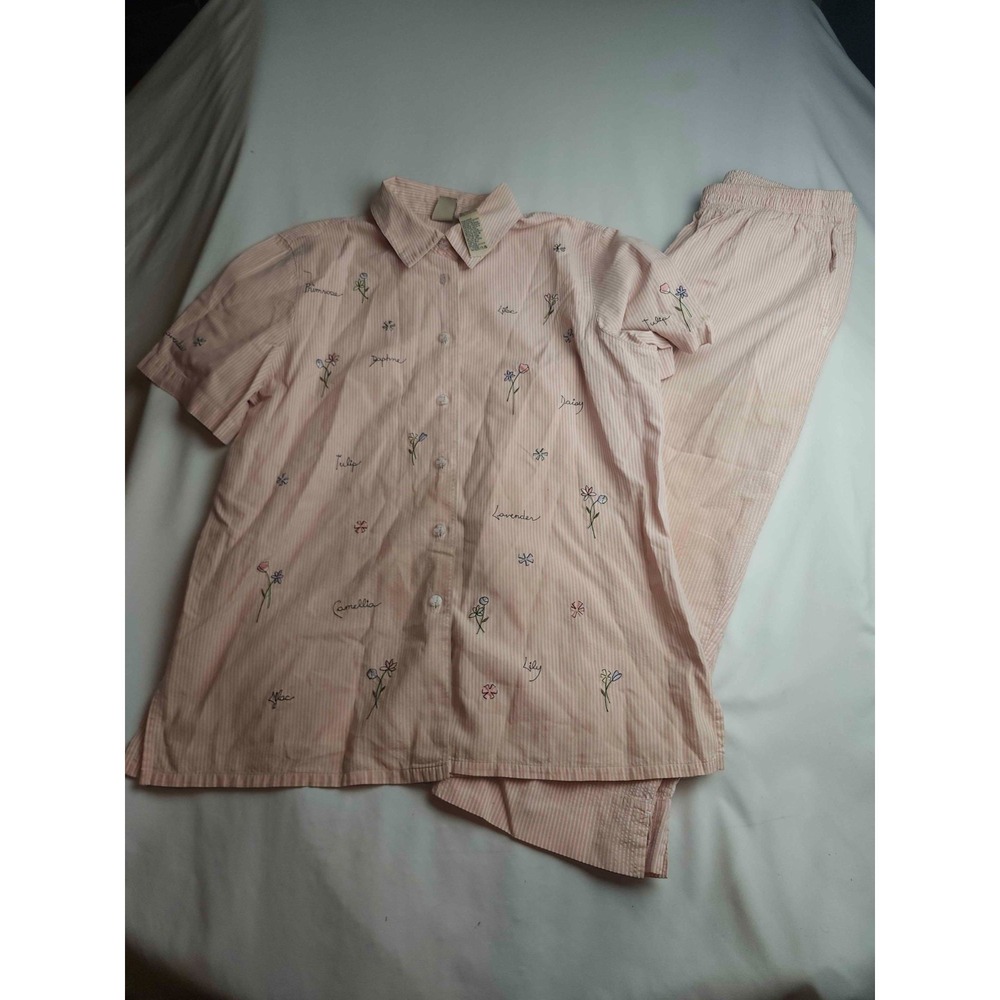 K wear by Koret Floral Embroidered Pajama Set Womens Small Pink Striped Woven